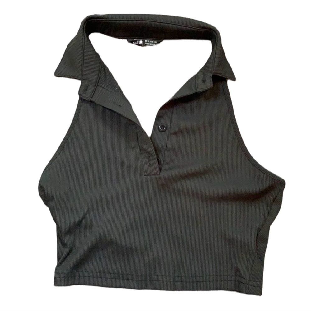 Shein black collared halter top front buttons ribbed material size x small
